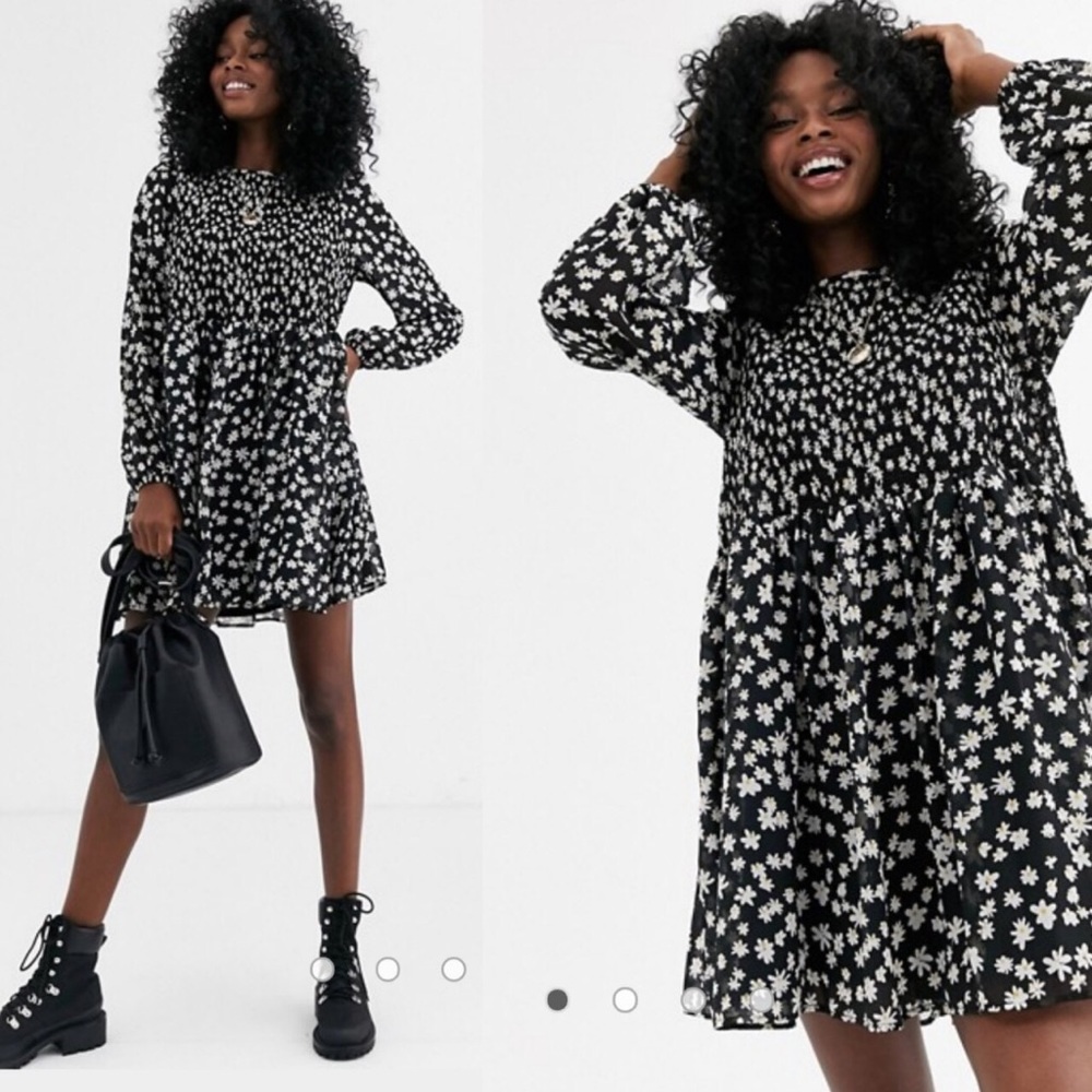 ASOS black daisy babydoll long sleeve dress Small